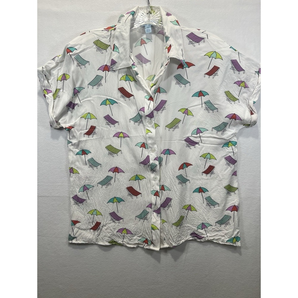 Blue Sol Umbrella Print Collared Beachy Casual Blouse Large White Red Blue